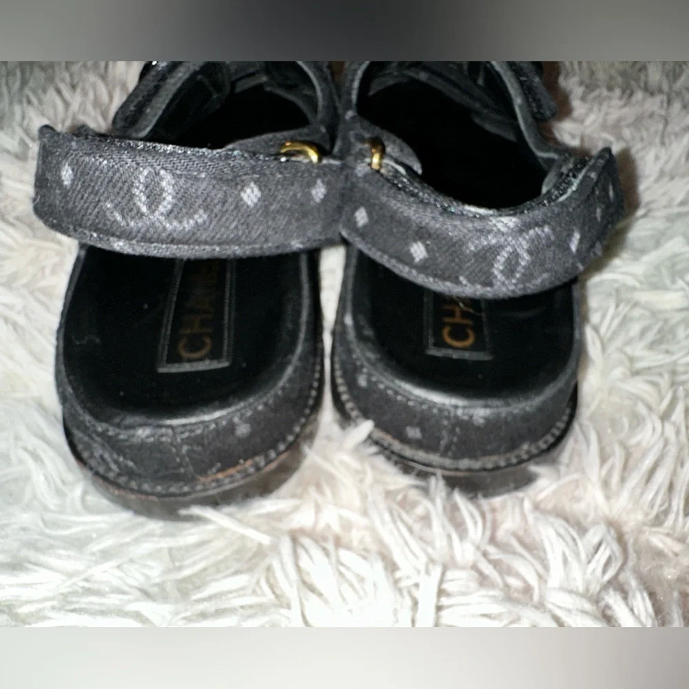 Authentic Chanel CC Logo Slingback Dad Sandals in Black Denim Size 39 - Picture 14 of 16